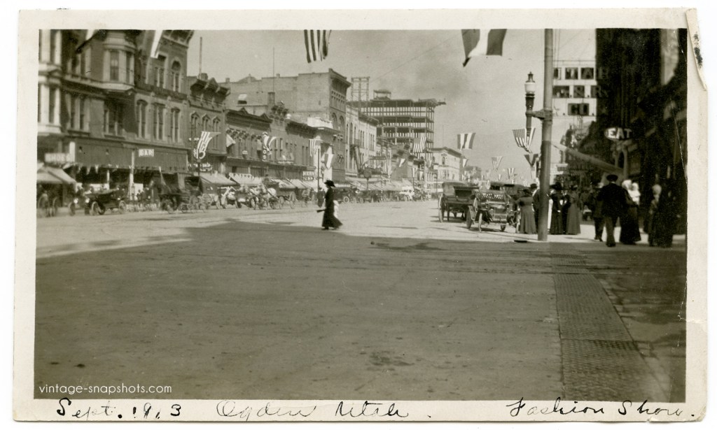Vintage snapshot showing a street scene in Ogden, Utah in 1913