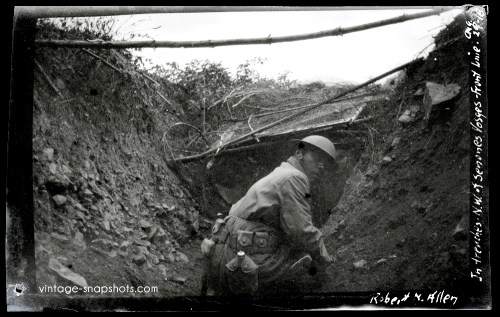 Vintage photo of an American soldier in a trench in France during WWI